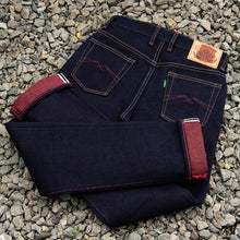 Load image into Gallery viewer, Extreme Indigo x Fire Red: The Firebeast 33oz Unsanforized Deep Indigo x Fire Red