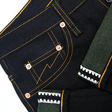 Load image into Gallery viewer, Genesis Series : 14oz Deep Indigo x Green Weft Projectile Loomed Denim