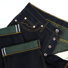 Load image into Gallery viewer, Genesis Series : 14oz Deep Indigo x Green Weft Projectile Loomed Denim