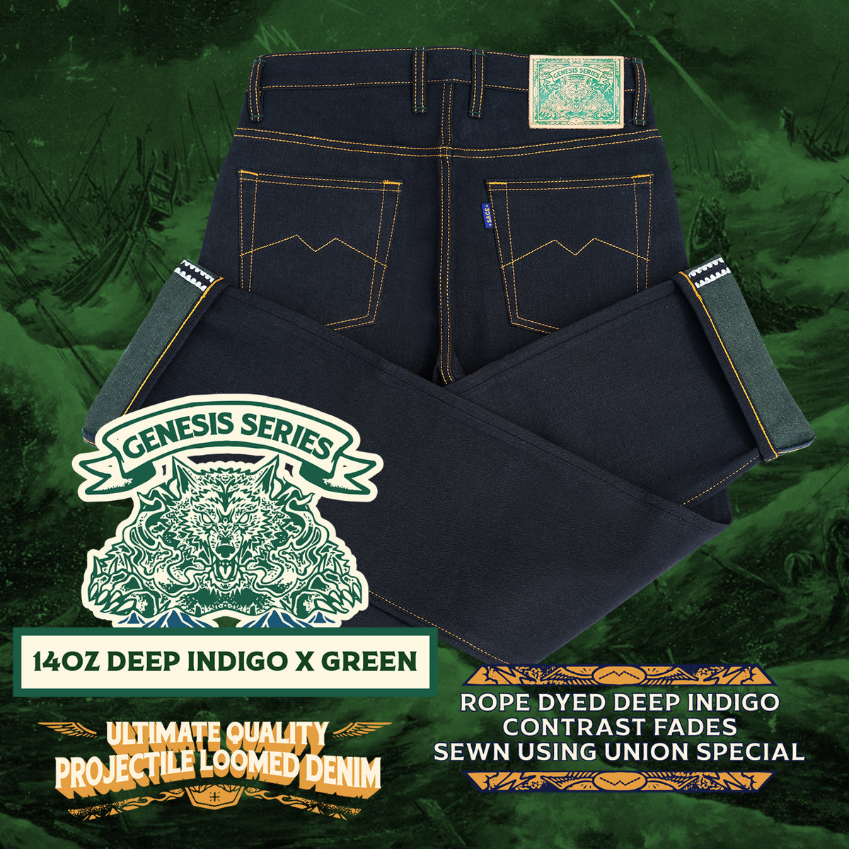 Genesis Series : 14oz Deep Indigo x Green Weft Projectile Loomed Denim ...