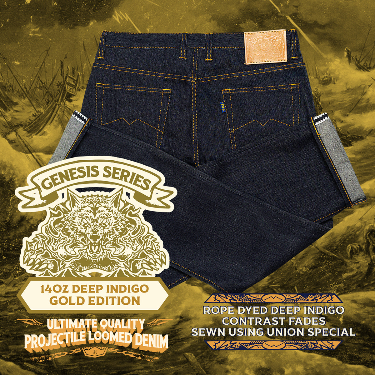 Genesis Series : Ultimate Quality Projectile Loomed Denim 14oz Deep Indigo - Gold Hardware Edition