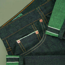 Load image into Gallery viewer, Origin Raw : Greenstrike 14oz Unsanforized Deep Indigo x Green