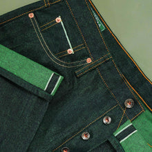 Load image into Gallery viewer, Origin Raw : Greenstrike 14oz Unsanforized Deep Indigo x Green