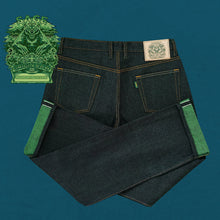 Load image into Gallery viewer, Origin Raw : Greenstrike 14oz Unsanforized Deep Indigo x Green