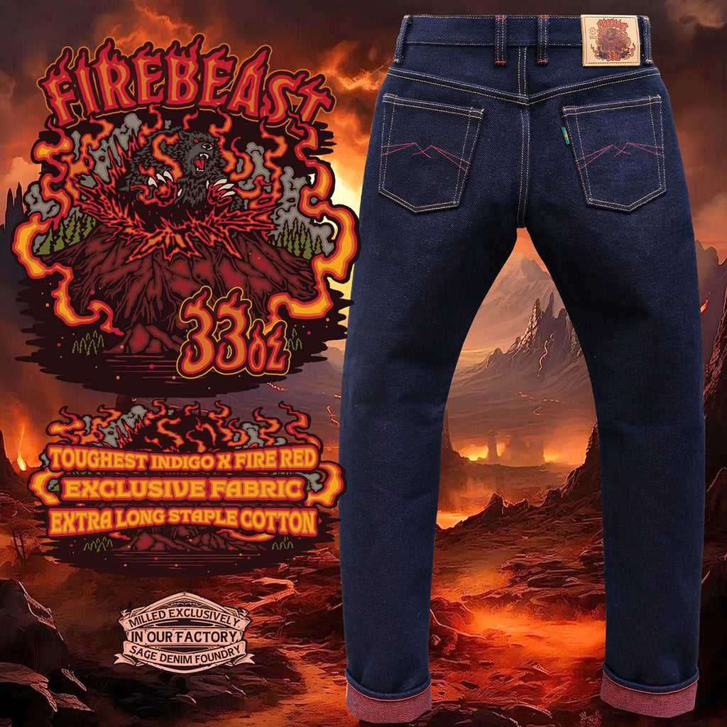 Extreme Indigo x Fire Red: The Firebeast 33oz Unsanforized Deep Indigo x Fire Red