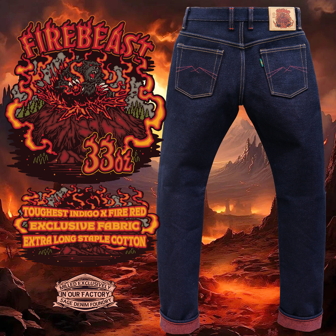 DEFECT SALE! Extreme Indigo x Fire Red: The Firebeast 33oz Unsanforized Deep Indigo x Fire Red